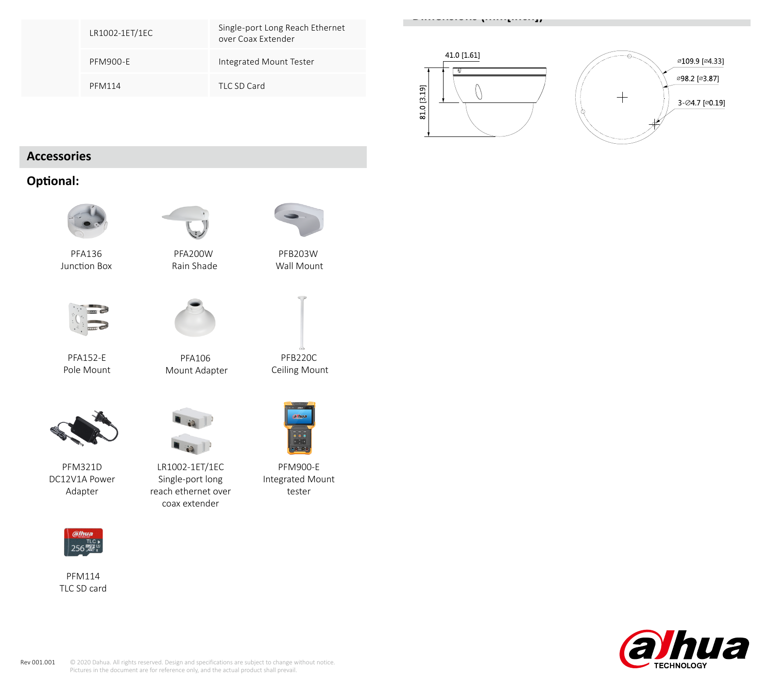DH-IPC-HDBW3249E-AS-NI 外形尺寸圖 81 mm × Φ109.9 mm (3.2" × Φ4.3") Auto/natural/street lamp/outdoor/manual/regional White Balance｜Unit: mm
