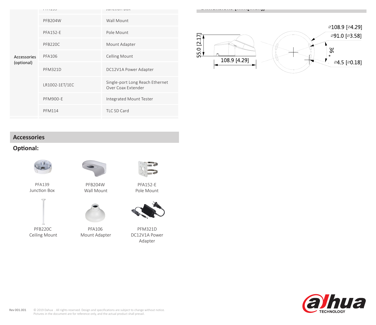 DH-IPC-HDBW3441F-AS-M 外形尺寸圖 55 mm × Φ108.9 mm (2.2" × Φ4.3") reach ethernet over tester coax extender｜Unit: mm