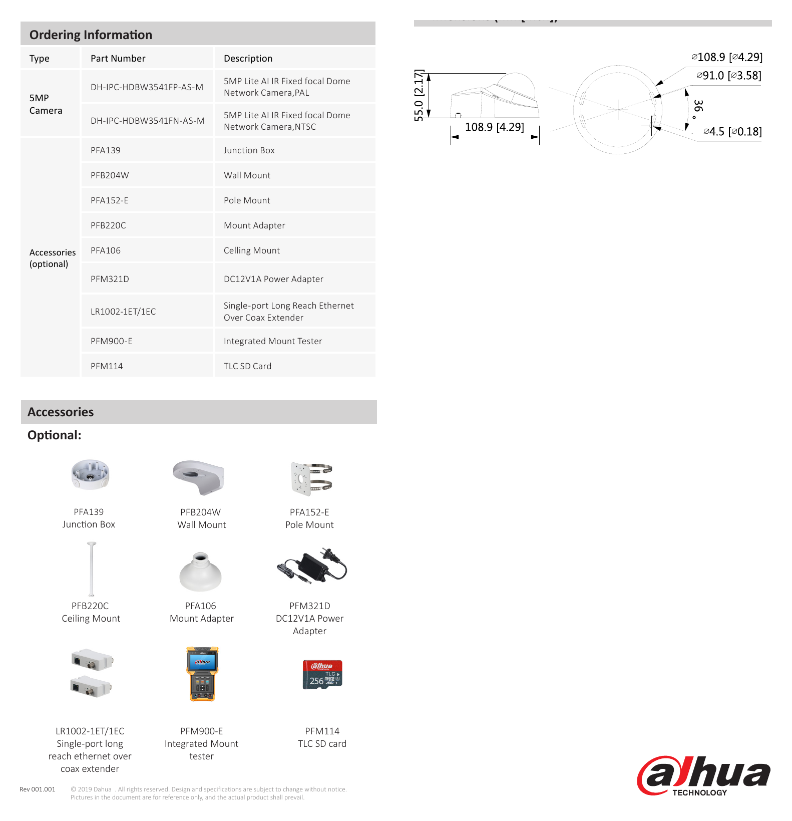 DH-IPC-HDBW3541F-AS-M 外形尺寸圖 55 mm × Φ108.9 mm (2.2" × Φ4.3")｜Unit: mm