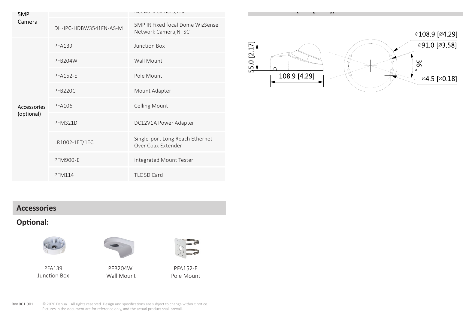 DH-IPC-HDBW3541FP-AS-M 外形尺寸圖 55 mm × Φ108.9 mm (2.2" × Φ4.3")｜Unit: mm