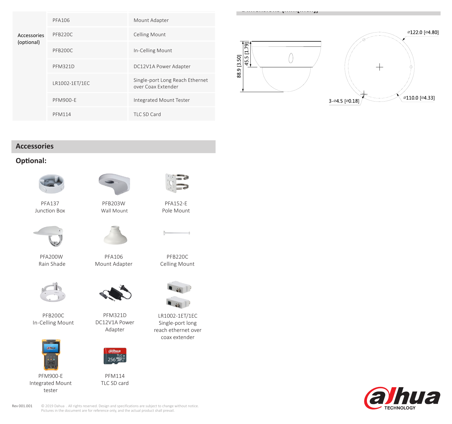 DH-IPC-HDBW3541R-ZS 外形尺寸圖 Φ122 mm × 88.9 mm (Φ4.8" × 3.5") H.264: 3 Kbps–8192 Kbps｜Unit: mm