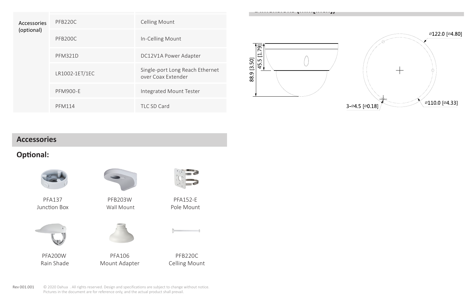 DH-IPC-HDBW3541RP-ZS 外形尺寸圖 Φ122 mm × 88.9 mm (Φ4.8" × 3.5")｜Unit: mm
