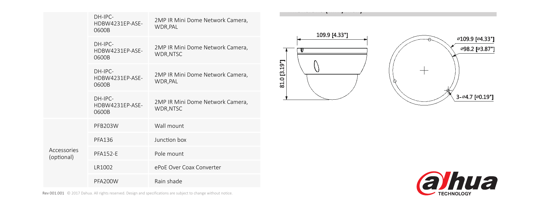 DH-IPC-HDBW4231E-ASE 外形尺寸圖 Φ109.9mm×81mm (4.33”×3.19”)｜Unit: mm