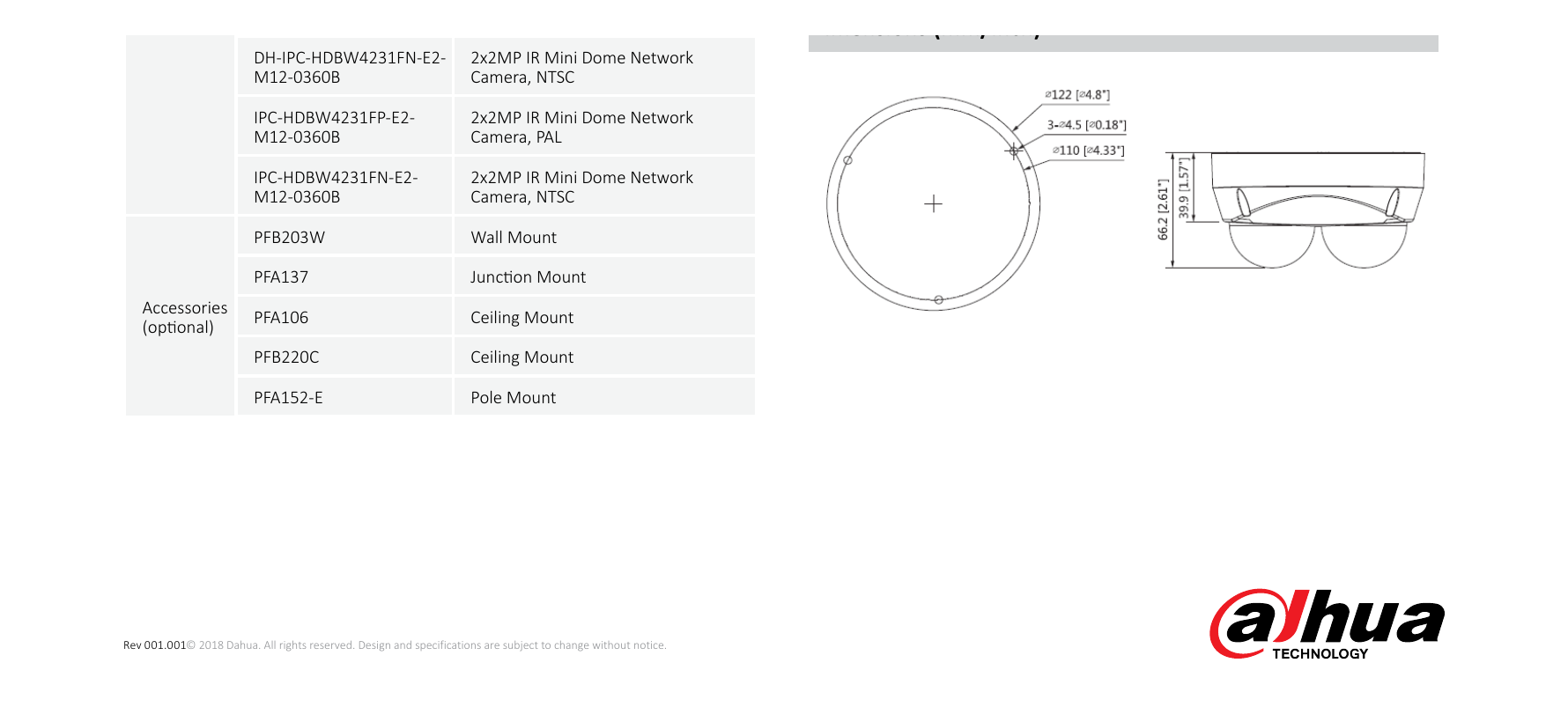 DH-IPC-HDBW4231F-E2-M-M12 外形尺寸圖 Φ122mm×65.4mm (4.79”×2.57”)｜Unit: mm