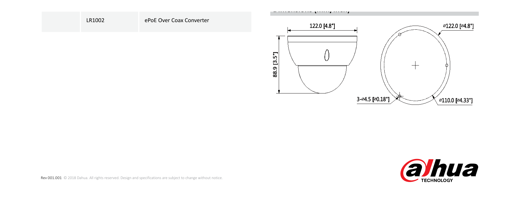 DH-IPC-HDBW4239R-ASE 外形尺寸圖 Φ122mm×88.9mm (4.8”×3.5”)｜Unit: mm