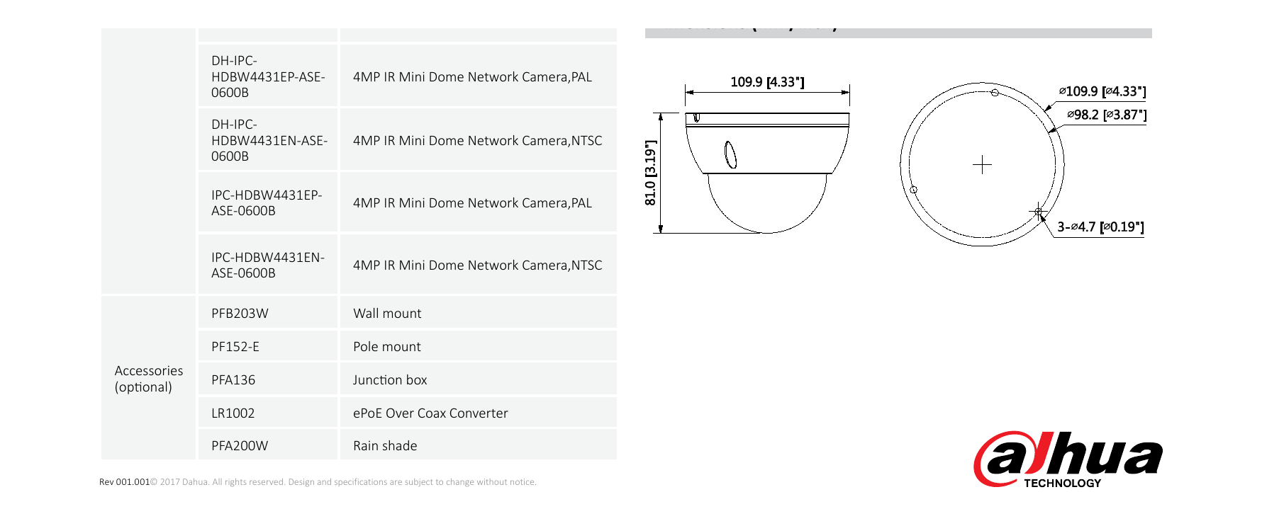 DH-IPC-HDBW4431E-ASE 外形尺寸圖 Φ109.9mm×81mm (4.33”×3.19”)｜Unit: mm
