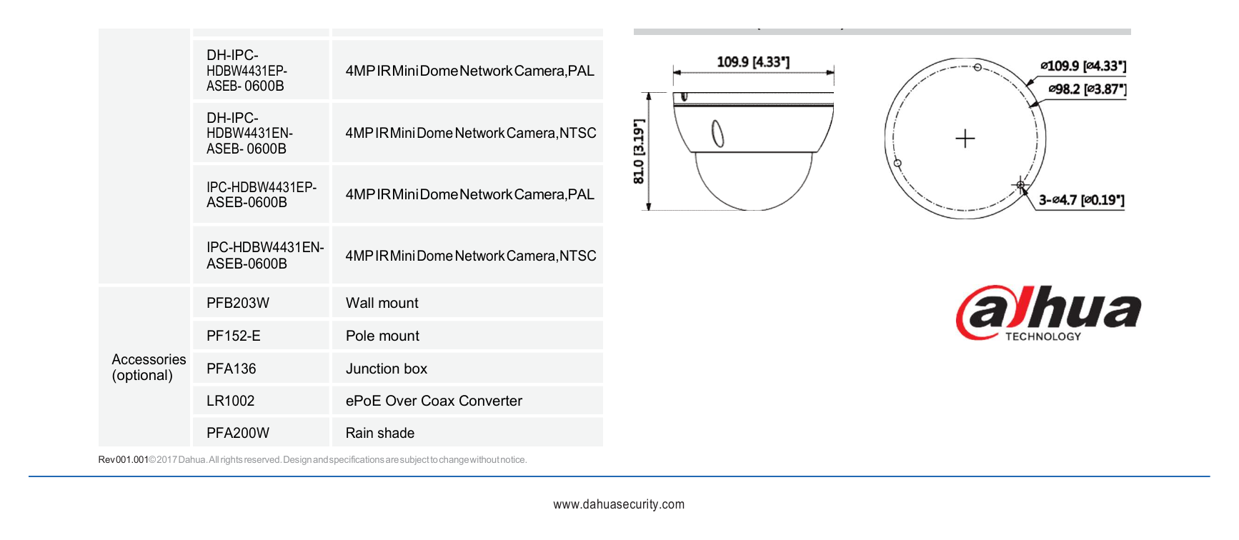 DH-IPC-HDBW4431E-ASEB 外形尺寸圖 Φ109.9mm×81mm (4.33”×3.19”)｜Unit: mm