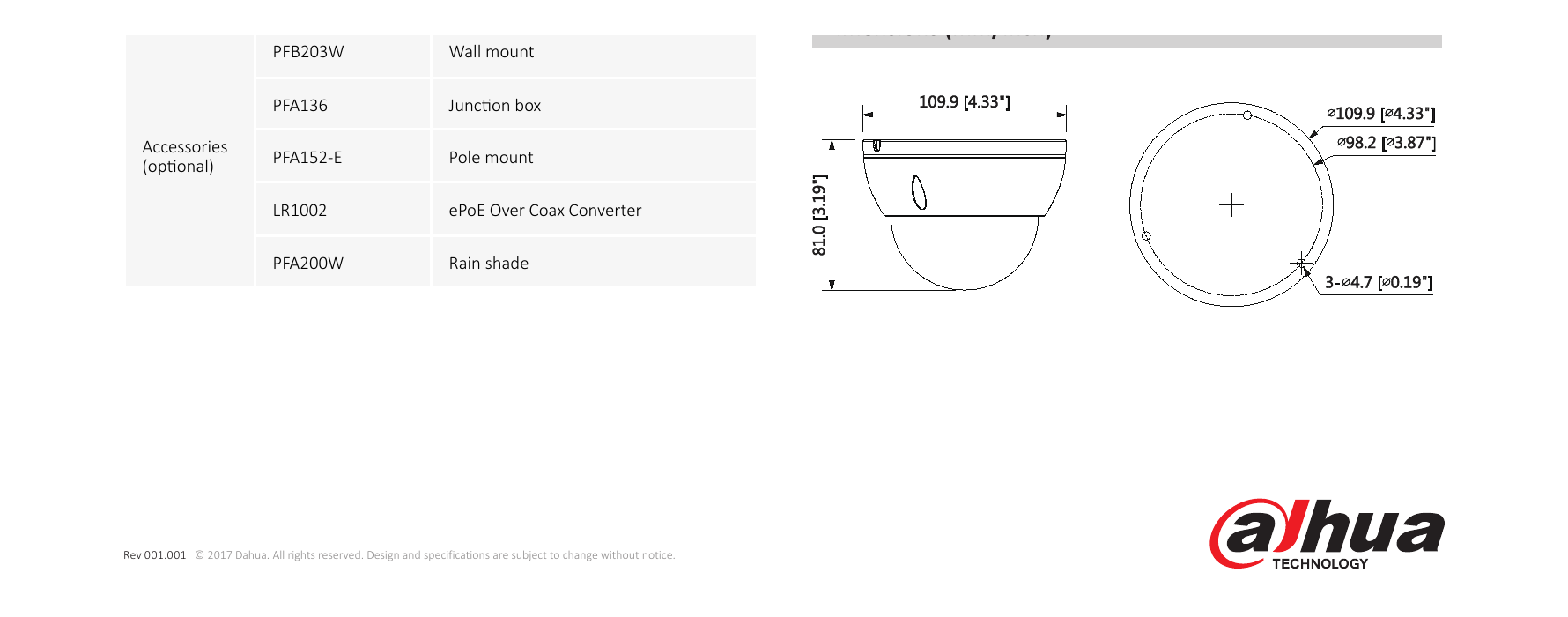 DH-IPC-HDBW4631E-ASE 外形尺寸圖 Φ109.9mm×81mm (4.33”×3.19”)｜Unit: mm