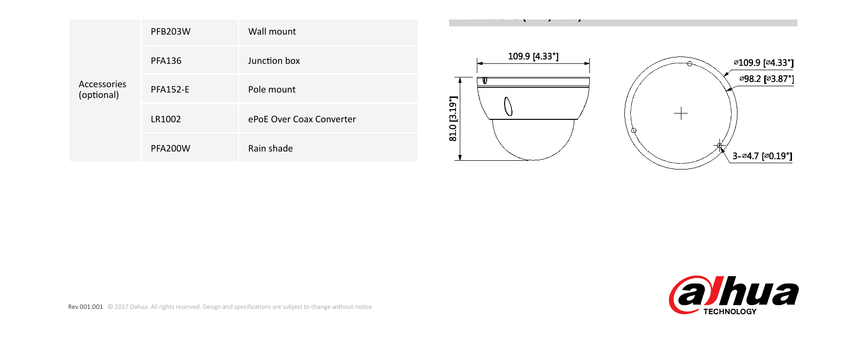 DH-IPC-HDBW4831E-ASE 外形尺寸圖 Φ109.9mm×81mm (4.33”×3.19”)｜Unit: mm