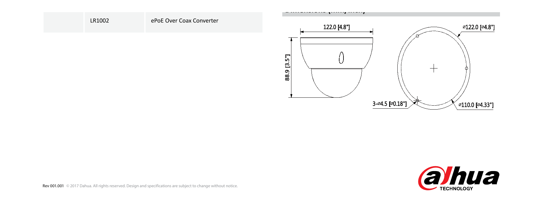 DH-IPC-HDBW5231R-ZE 外形尺寸圖 Φ122mm×88.9mm (4.8”×3.5”)｜Unit: mm