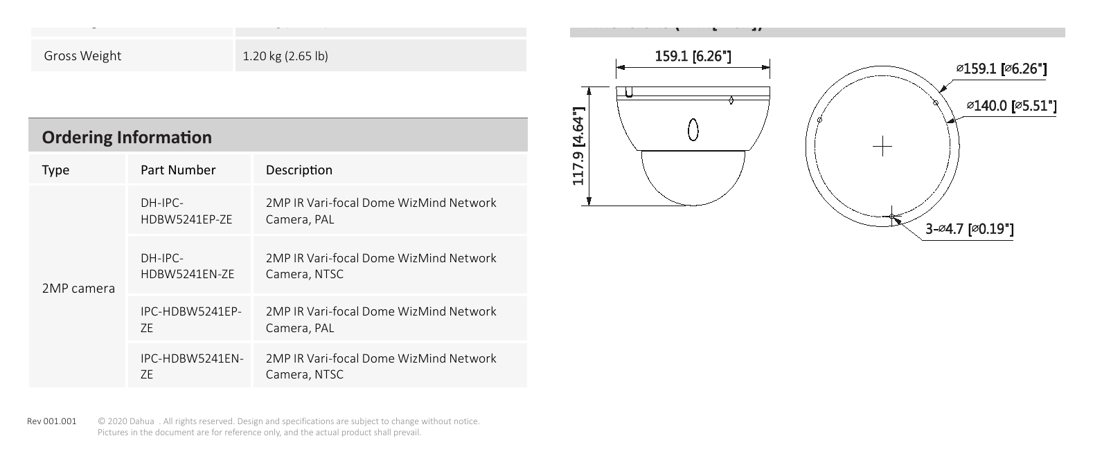 DH-IPC-HDBW5241E-ZE 外形尺寸圖 Φ159.0 mm × 117.9 mm (6.26” × 4.64”)｜Unit: mm