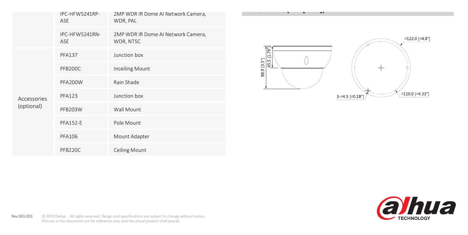 DH-IPC-HDBW5241R-ASE 外形尺寸圖 Φ122 mm × 88.9 mm (4.80” × 3.50”)｜Unit: mm