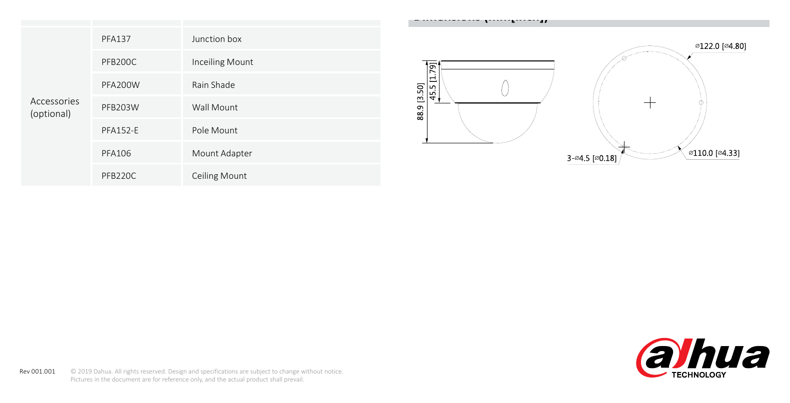 DH-IPC-HDBW5241R-ASE-NI 外形尺寸圖 Φ122.0 mm × 88.9 mm (4.80" × 3.50")｜Unit: mm