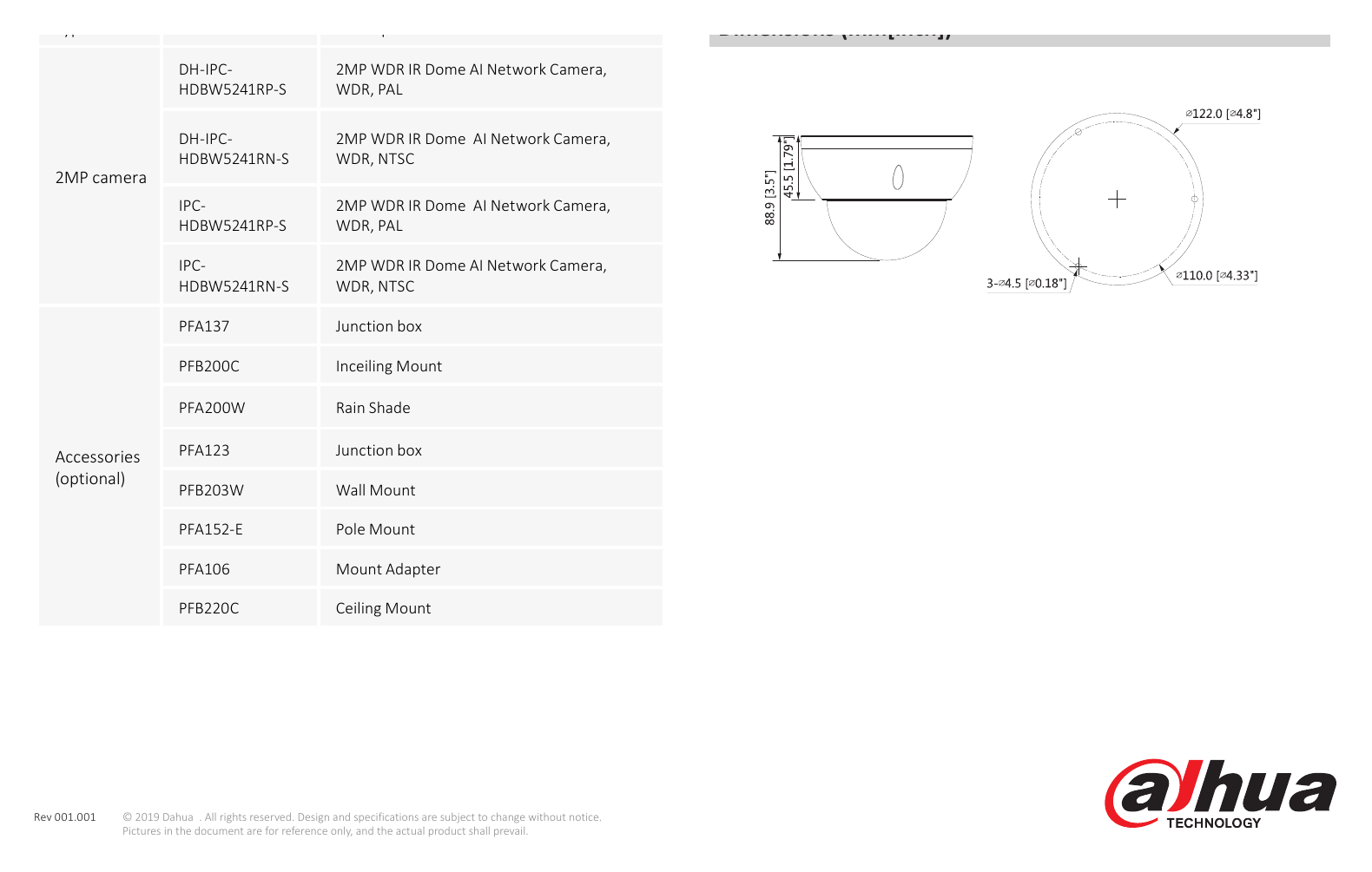 DH-IPC-HDBW5241R-S 外形尺寸圖 Φ122 mm × 88.9 mm (4.80” × 3.50”)｜Unit: mm