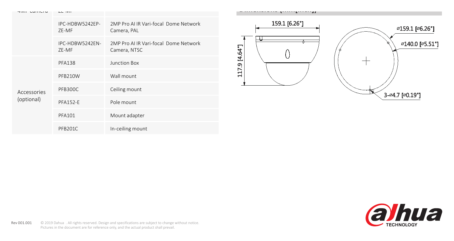 DH-IPC-HDBW5242E-ZE-MF 外形尺寸圖 Φ159.0 mm × 117.9 mm (6.26” × 4.64”)｜Unit: mm