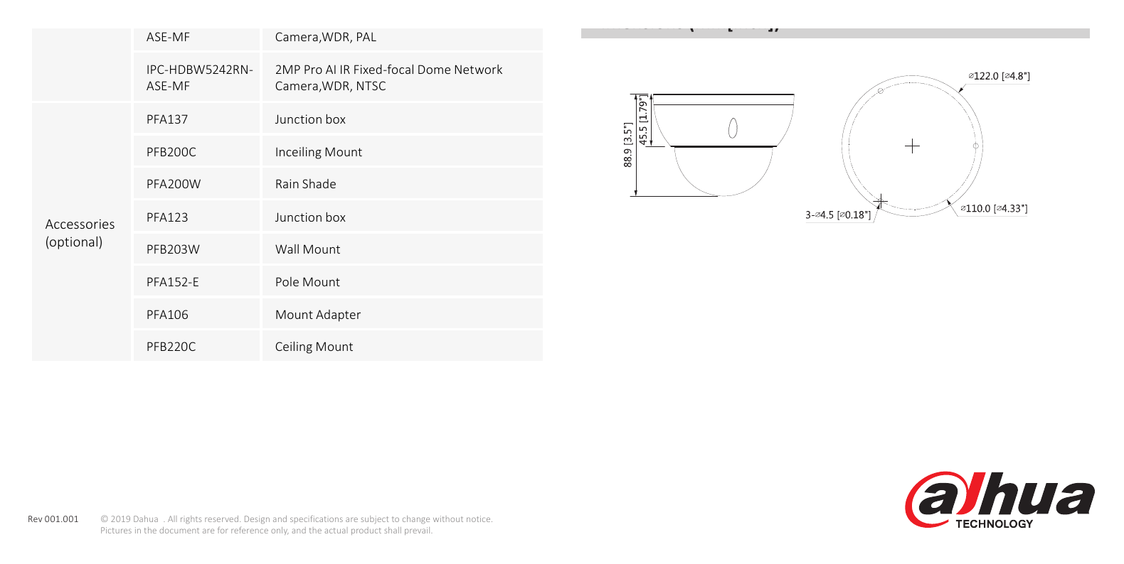 DH-IPC-HDBW5242R-ASE-MF 外形尺寸圖 Φ122.0 mm × 88.9 mm (4.80” × 3.50”)｜Unit: mm