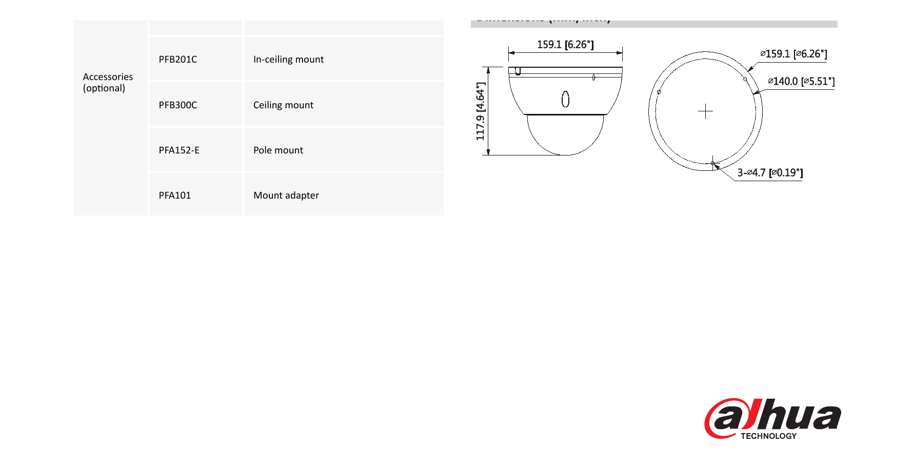 DH-IPC-HDBW5431E-Z 外形尺寸圖 Φ159.1mm×117.9mm (6.26”×4.64”)｜Unit: mm