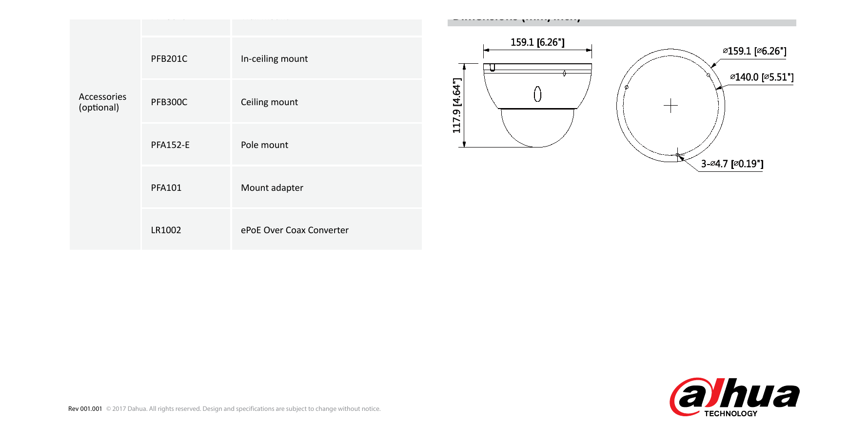 DH-IPC-HDBW5431E-Z5E 外形尺寸圖 Φ159.1mm×117.9mm (6.26”×4.64”)｜Unit: mm