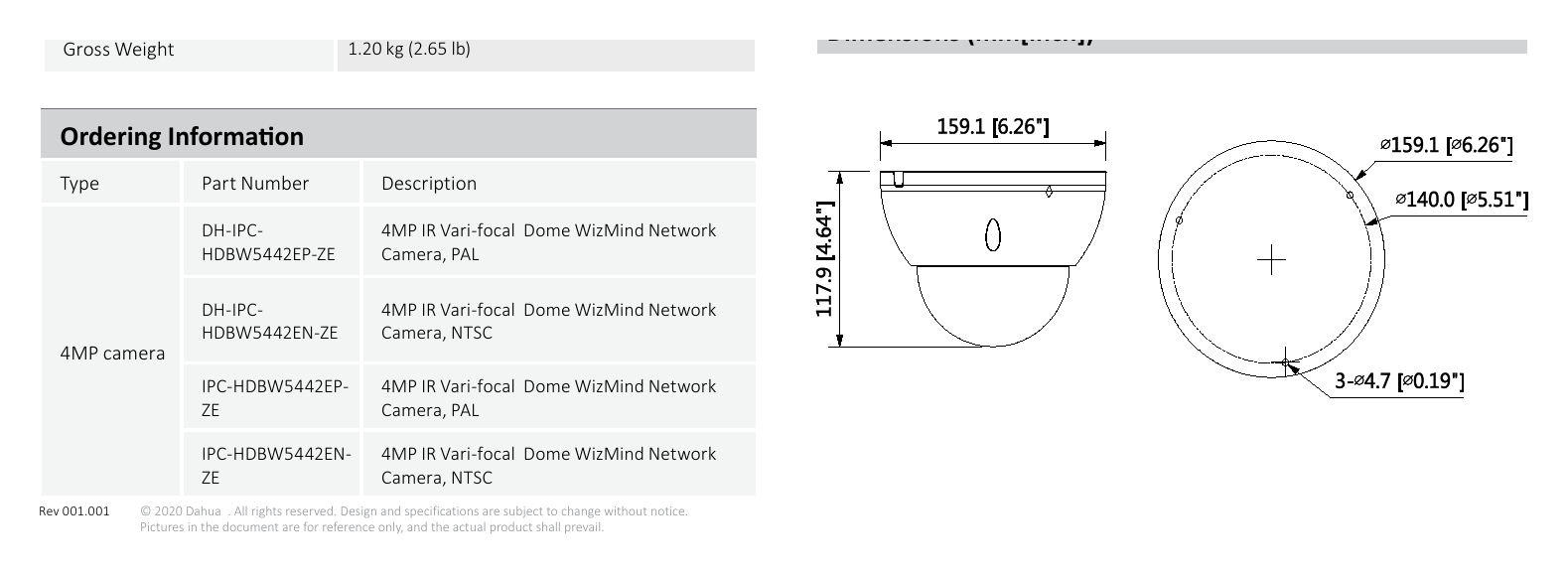 DH-IPC-HDBW5442E-ZE 外形尺寸圖 Φ159.0 mm × 117.9 mm (6.26” × 4.64”)｜Unit: mm