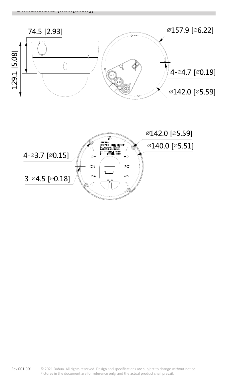 DH-IPC-HDBW5442H-ZHE 外形尺寸圖 129.1 mm × Φ157.9mm (5.1"× Φ6.2") changing; intrusion; tripwire; abandoned object;｜Unit: mm