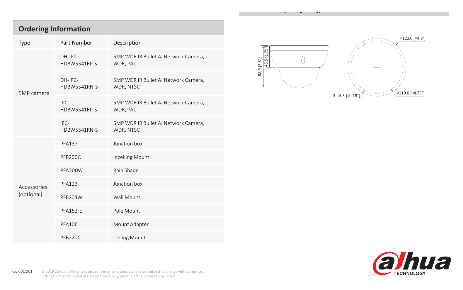 DH-IPC-HDBW5541R-S 外形尺寸圖 Φ122 mm × 88.9 mm (4.80” × 3.50”)｜Unit: mm