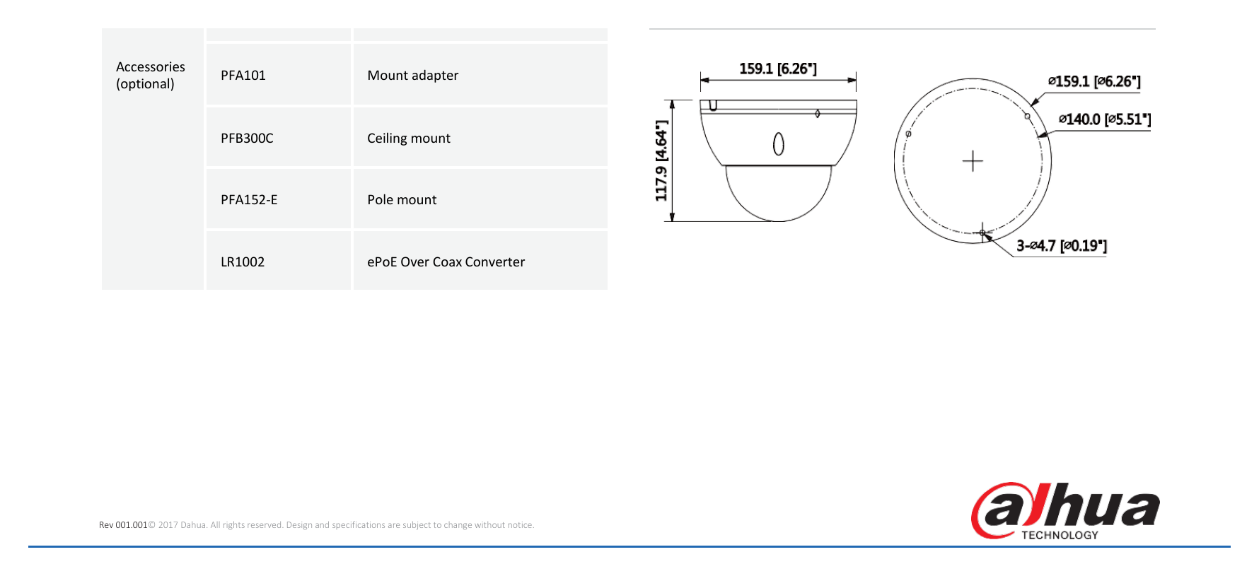 DH-IPC-HDBW5631E-ZE 外形尺寸圖 Φ159.1mm×117.9mm (6.26”×4.64”)｜Unit: mm