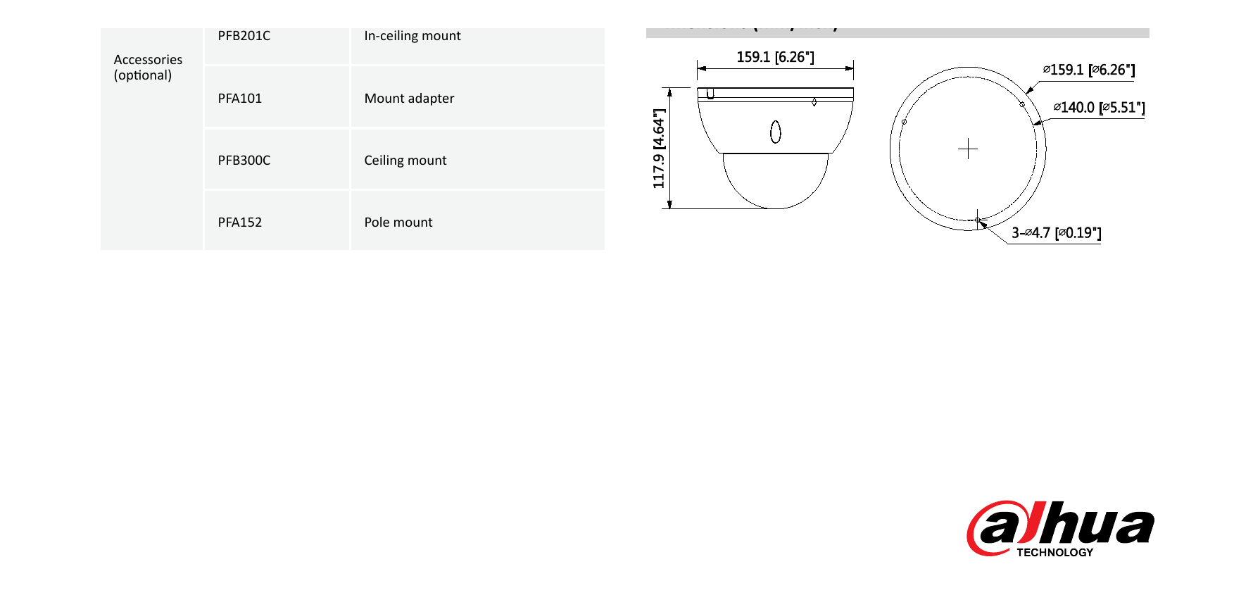 DH-IPC-HDBW5830E-Z 外形尺寸圖 Φ159.1mm×117.9mm (6.26”×4.64”)｜Unit: mm