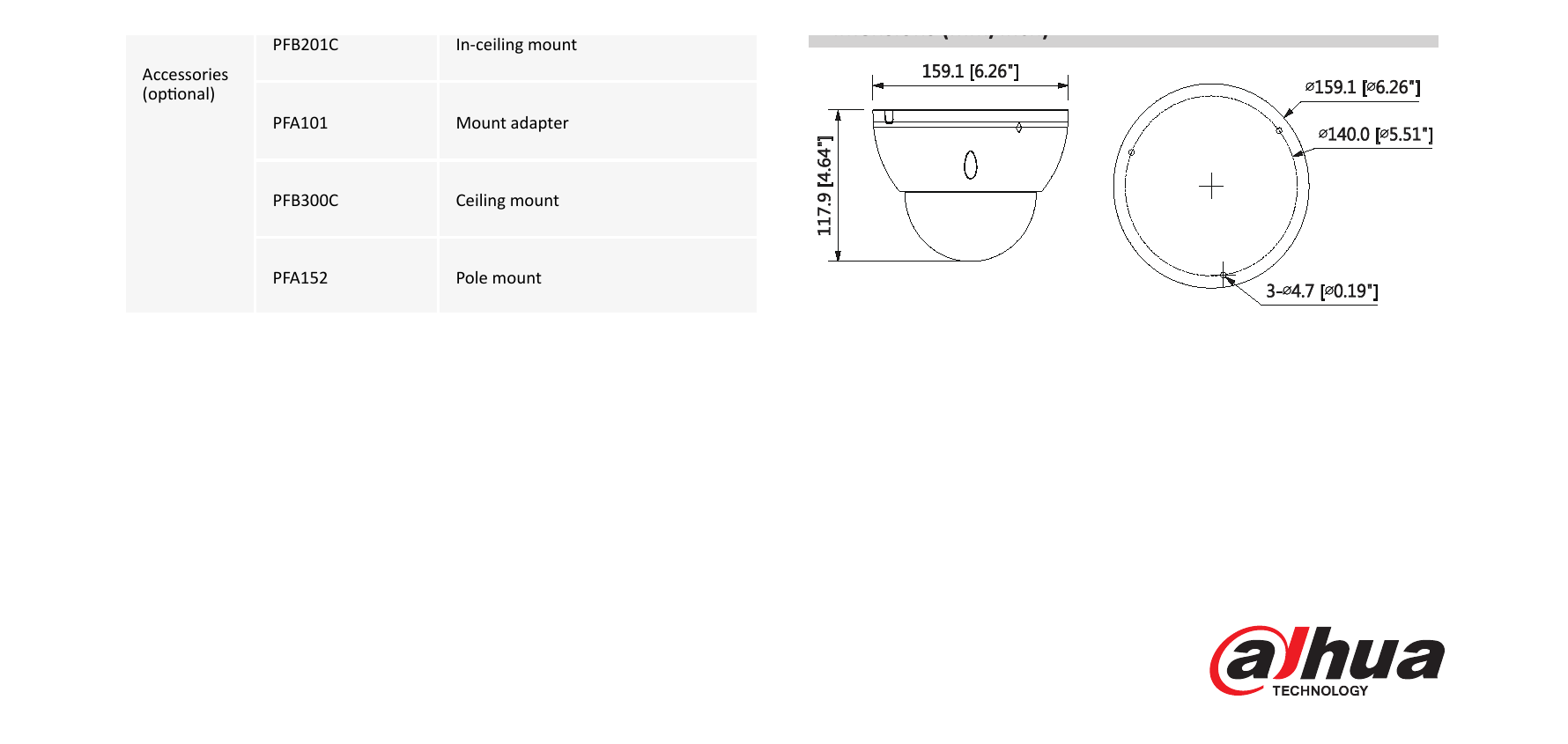 DH-IPC-HDBW5830E-Z5 外形尺寸圖 Φ159.1mm×117.9mm (6.26”×4.64”)｜Unit: mm