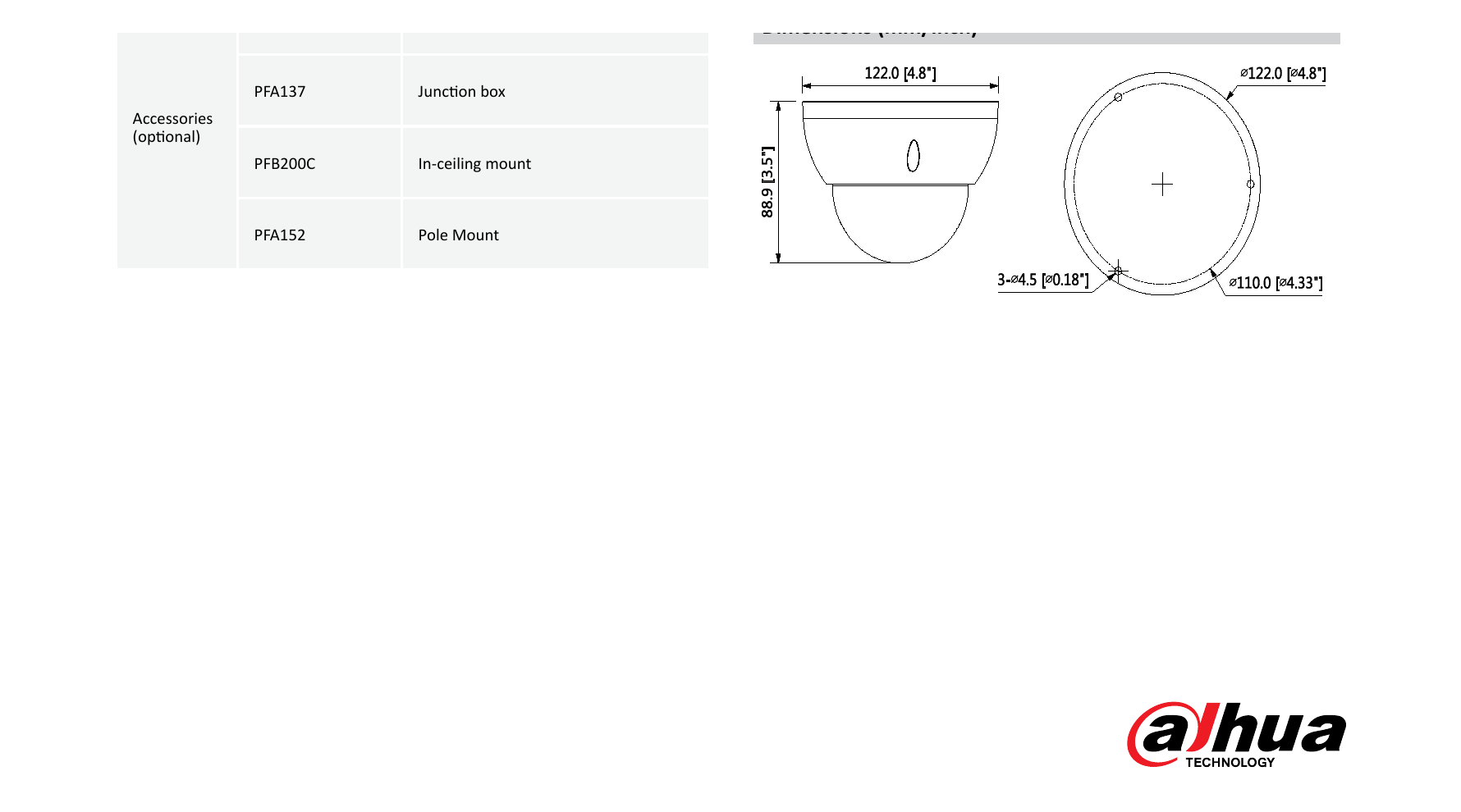 DH-IPC-HDBW5830R-Z 外形尺寸圖 Φ122mm×88.9mm (4.8”×3.5”)｜Unit: mm