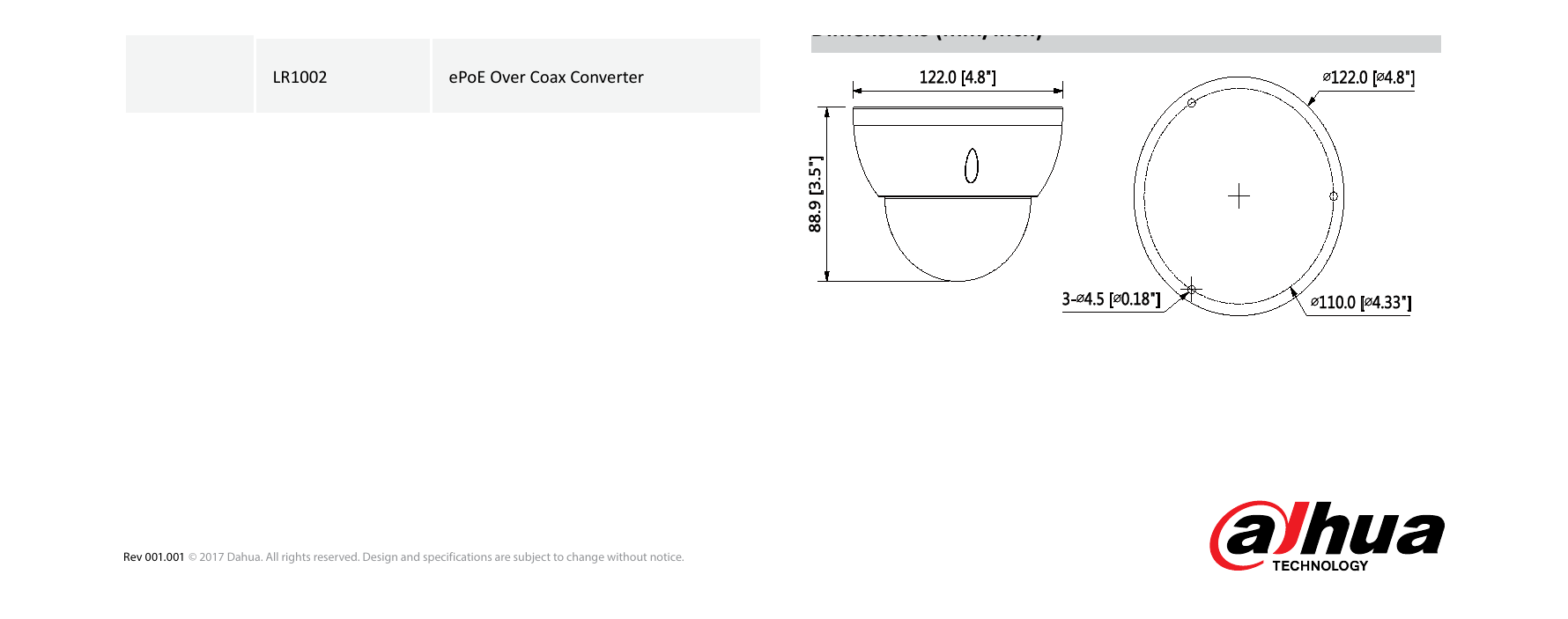 DH-IPC-HDBW5831R-ZE 外形尺寸圖 Φ122mm×88.9mm (4.8”×3.5”)｜Unit: mm