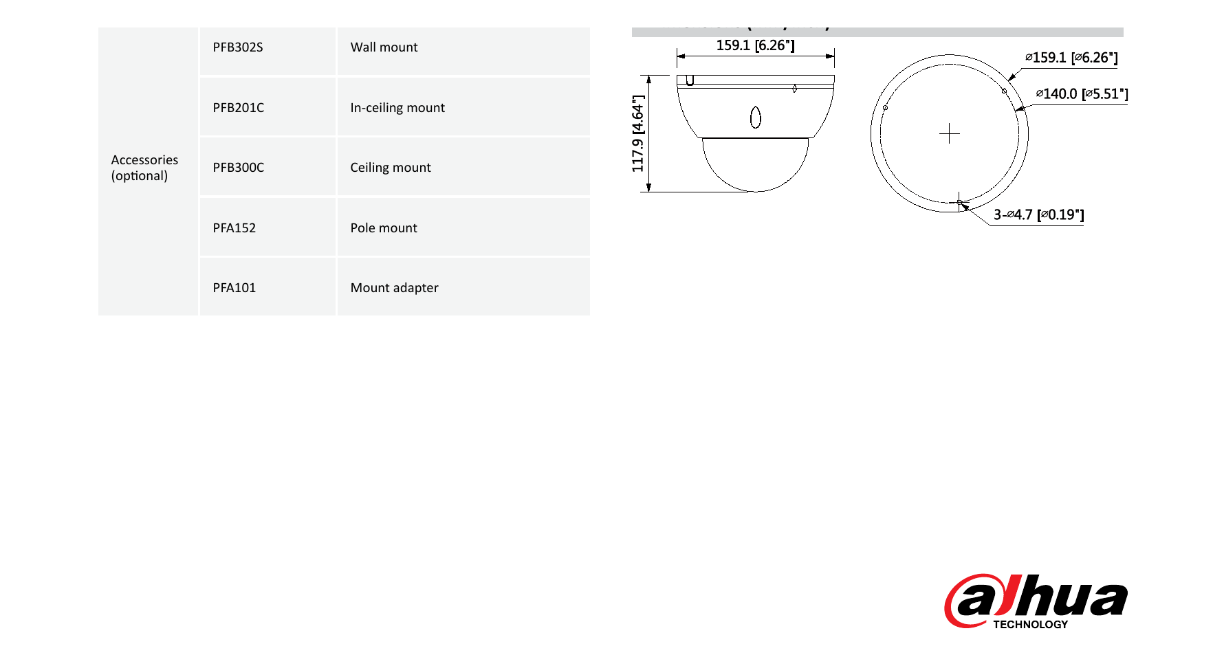 DH-IPC-HDBW8231E-Z 外形尺寸圖 Φ159.1mm×117.9mm(Φ6.26”×4.64”)｜Unit: mm