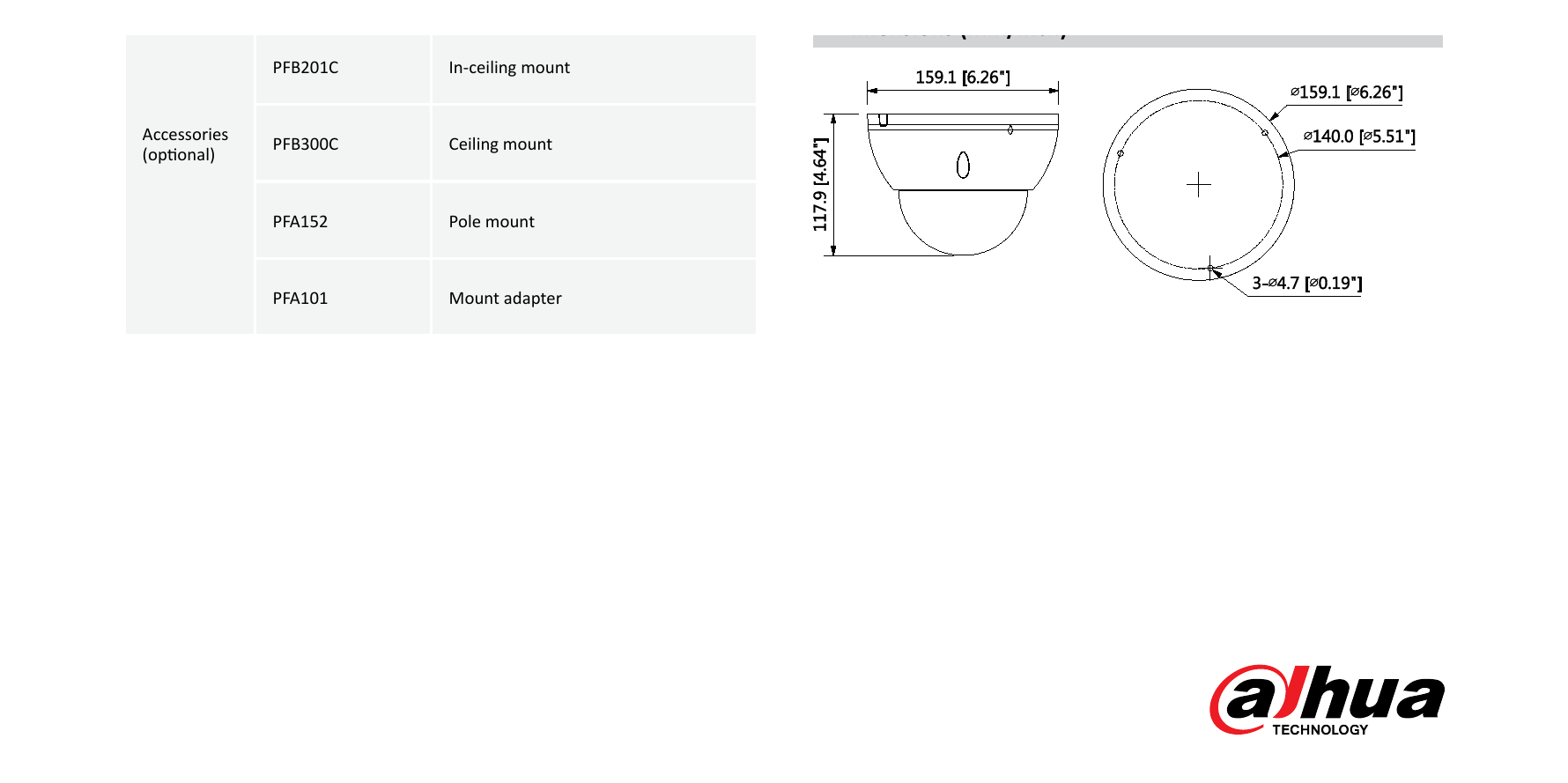 DH-IPC-HDBW8232E-Z 外形尺寸圖 Φ159.1mm×117.9mm(Φ6.26”×4.64”)｜Unit: mm