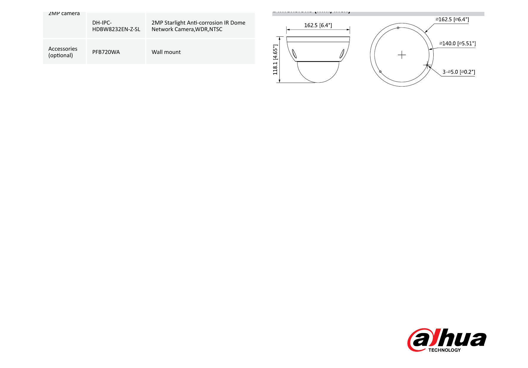 DH-IPC-HDBW8232E-Z-SL 外形尺寸圖 Φ162.5mm×118.1mm(Φ6.4”×4.65”)｜Unit: mm