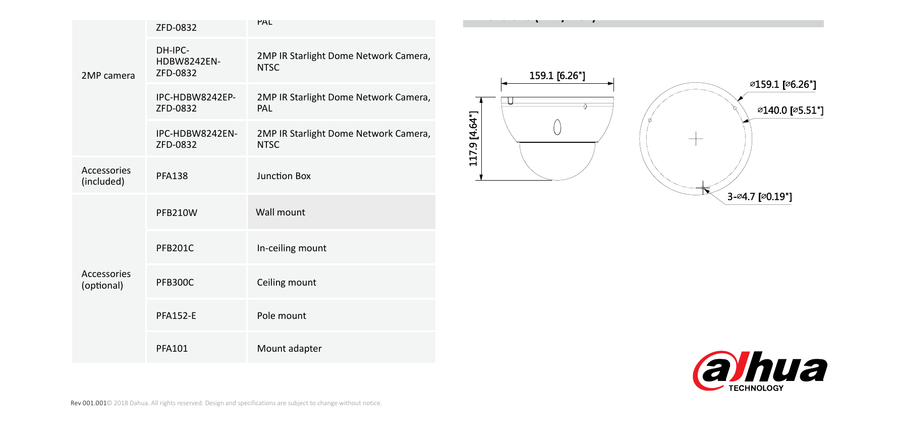 DH-IPC-HDBW8242E-Z4FD 外形尺寸圖 Φ159.1mm*117.9mm｜Unit: mm