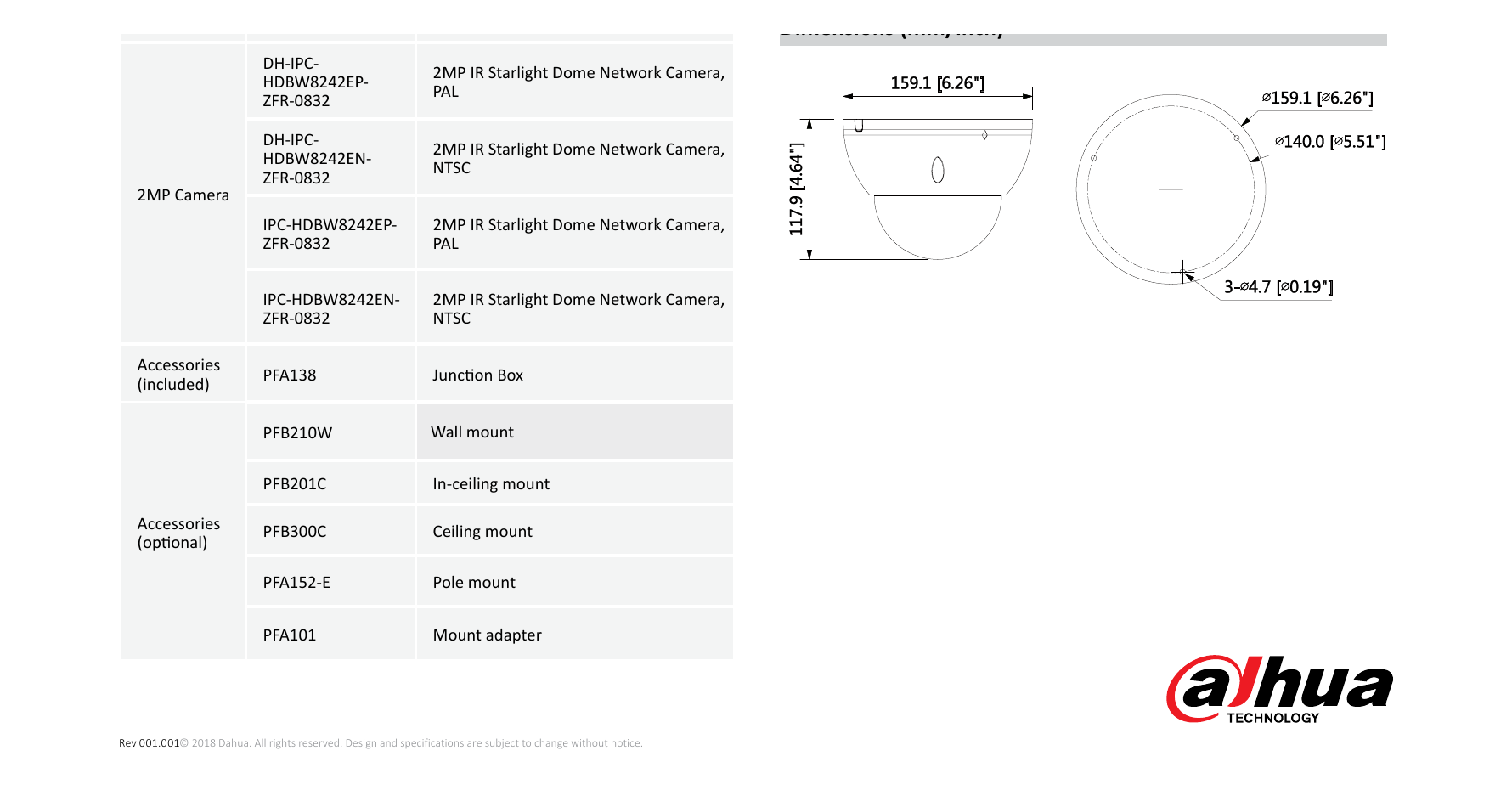 DH-IPC-HDBW8242E-Z4FR 外形尺寸圖 Φ159.1mm*117.9mm Ceiling Mount Wall Mount｜Unit: mm