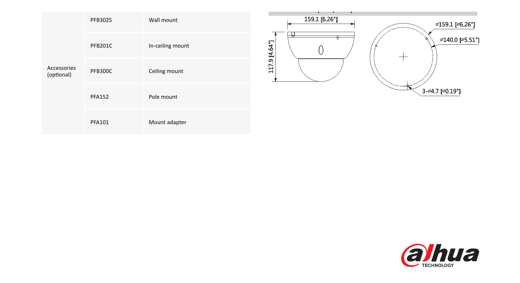 DH-IPC-HDBW8331E-Z 外形尺寸圖 Φ159.1mm×117.9mm(Φ6.26”×4.64”)｜Unit: mm