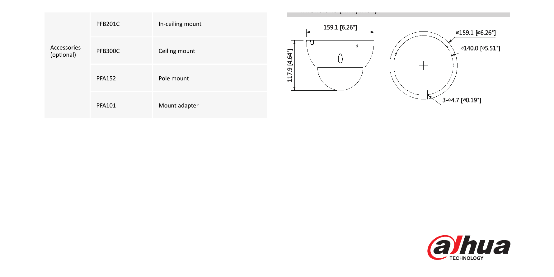 DH-IPC-HDBW8630E-Z 外形尺寸圖 Φ159.1mm×117.9mm(Φ6.26”×4.64”)｜Unit: mm