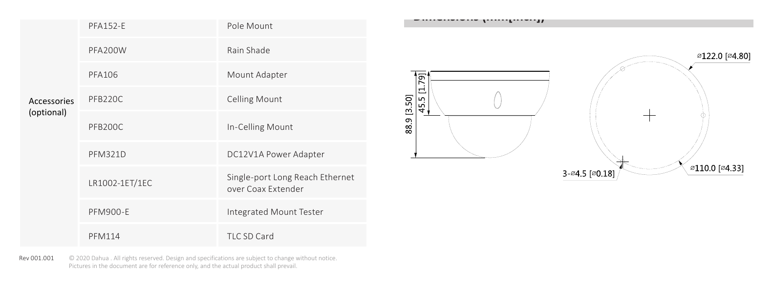 DH-IPC-HDBWD2A1R-AZ-DATASHEET1 外形尺寸圖 Φ122 mm × 88.9 mm (Φ4.80" × 3.50") Tester｜Unit: mm