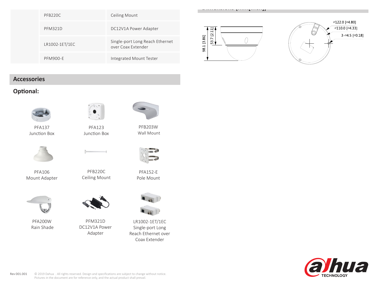 DH-IPC-HDPW1230R1-S4-DATASHEET-191118 外形尺寸圖 98.1 mm × Φ122 mm (3.9" × Φ4.8") PFM900-E｜Unit: mm