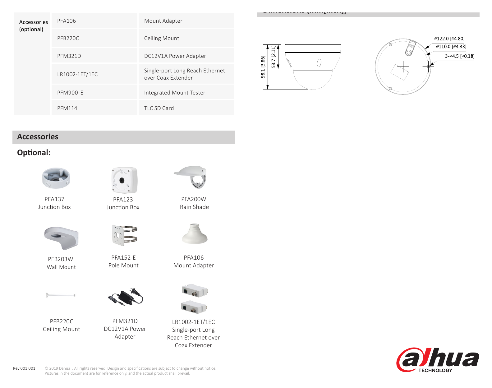 DH-IPC-HDPW1230R1-ZS-S4-DATASHEET-191106 外形尺寸圖 98.1 mm × Φ122 mm (3.9" × Φ4.8")｜Unit: mm