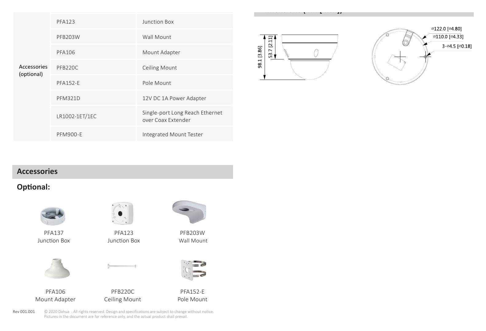 DH-IPC-HDPW1431R1-S4 外形尺寸圖 98.1 mm × Φ122 mm (3.9" × Φ4.8")｜Unit: mm