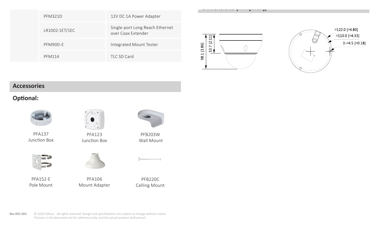 DH-IPC-HDPW1431R1-ZS-S4 外形尺寸圖 98.1 mm × Φ122 mm (3.9" × Φ4.8")｜Unit: mm