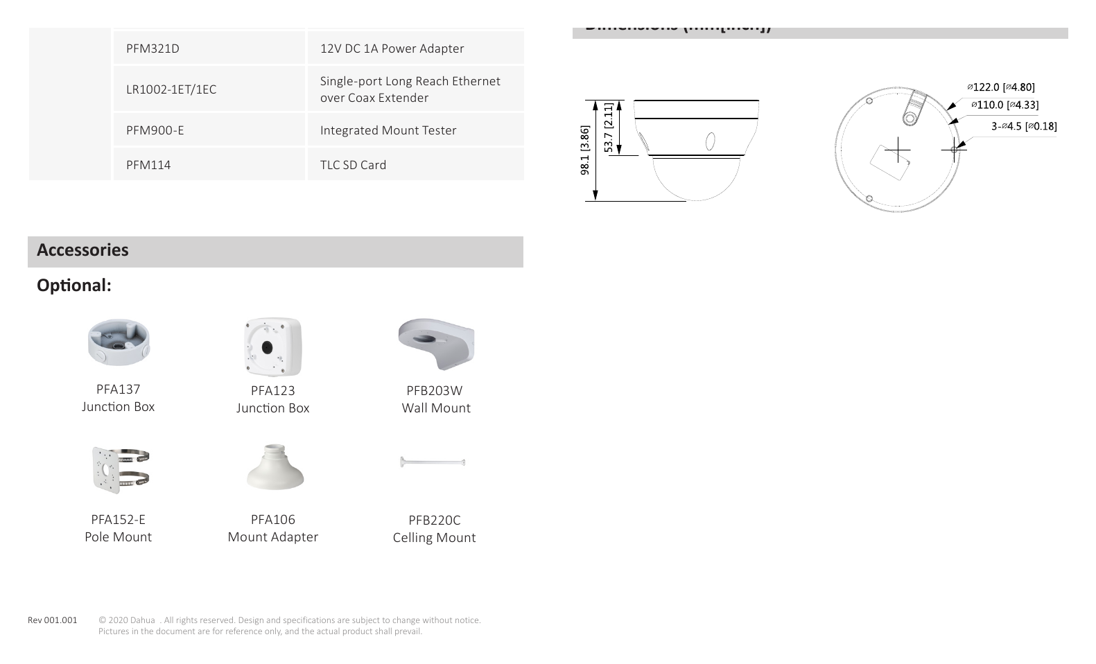 DH-IPC-HDPW1431R1P-ZS-S4 外形尺寸圖 98.1 mm × Φ122 mm (3.9" × Φ4.8")｜Unit: mm