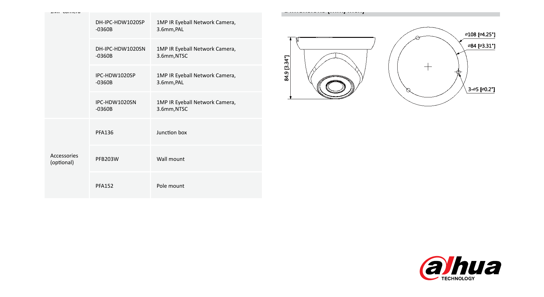 DH-IPC-HDW1020S 外形尺寸圖 Φ108mm×84.9mm(4.25''x3.15'') PFA136 PFB203W + PFA152｜Unit: mm