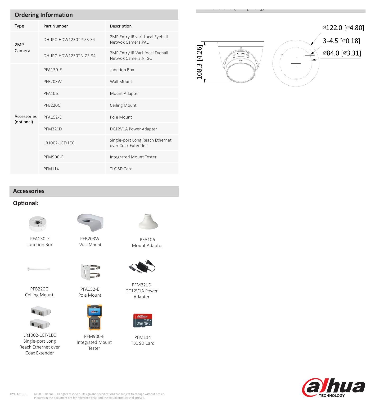 DH-IPC-HDW1230T-ZS-S4-DATASHEET-191106 外形尺寸圖 108.3 mm × Φ122 mm (4.3" × Φ4.8")｜Unit: mm