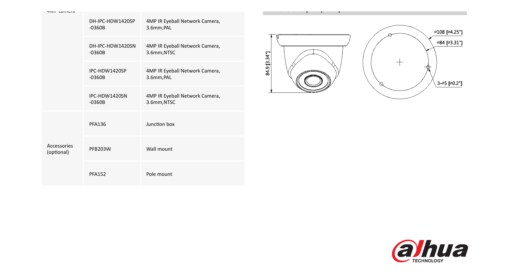 DH-IPC-HDW1420S 外形尺寸圖 Φ108mm×84.9mm(4.25''x3.15'') PFA136 PFB203W + PFA152｜Unit: mm