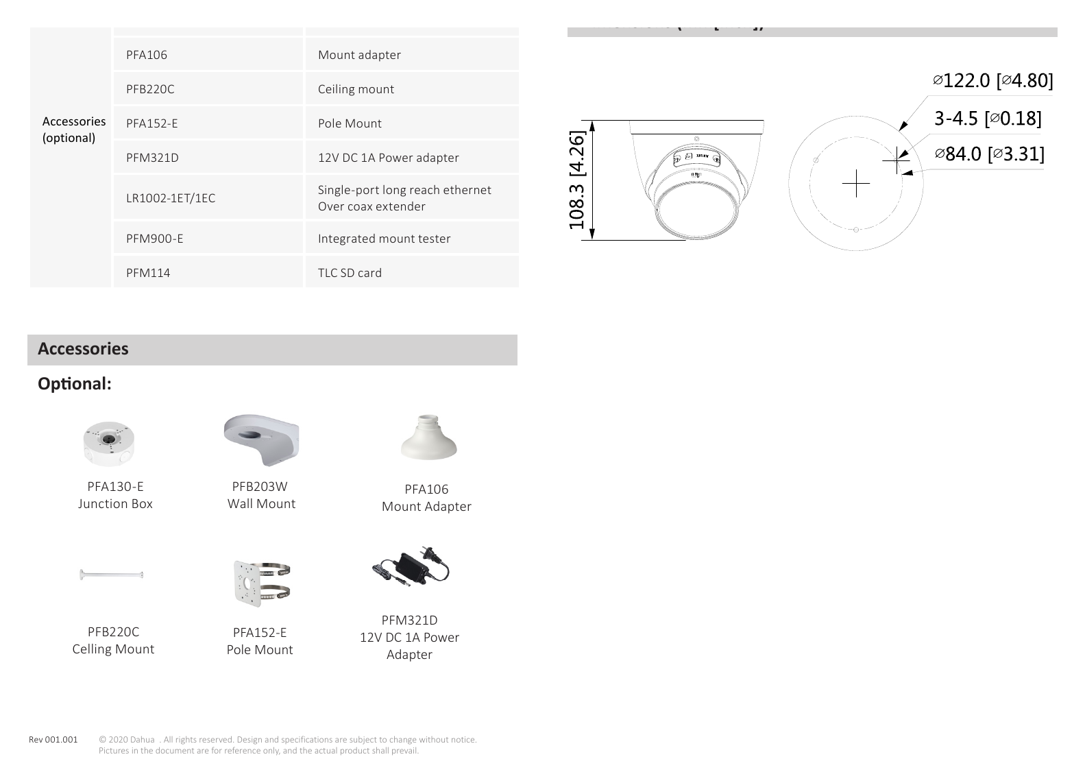 DH-IPC-HDW1431T-ZS-S4 外形尺寸圖 108.3 mm × Φ122 mm (4.3" × Φ4.8")｜Unit: mm