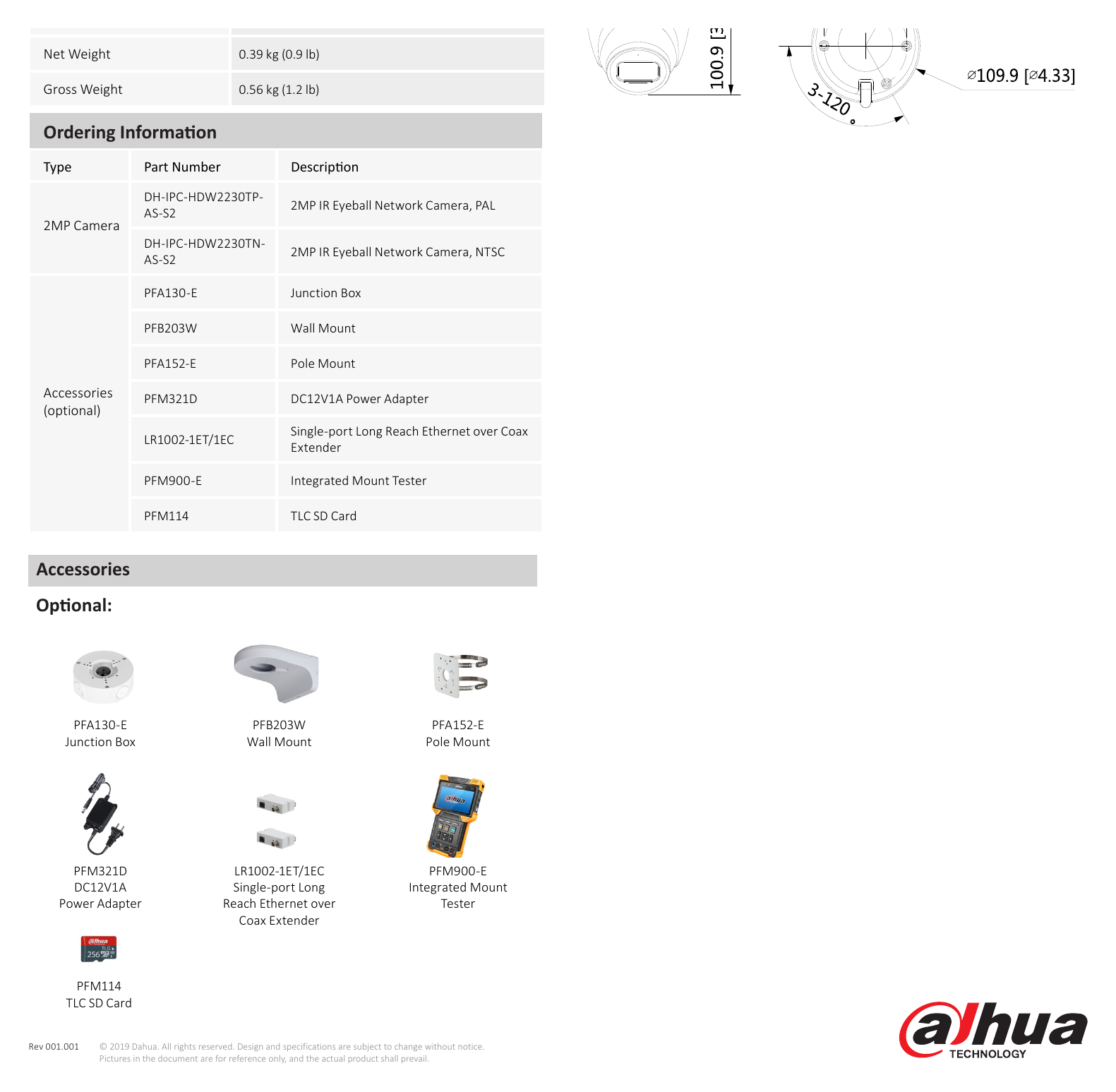 DH-IPC-HDW2230T-AS-S2-DATASHEET-191011 外形尺寸圖 100.9 mm × Φ109.9 mm (4.0" × Φ4.3")｜Unit: mm