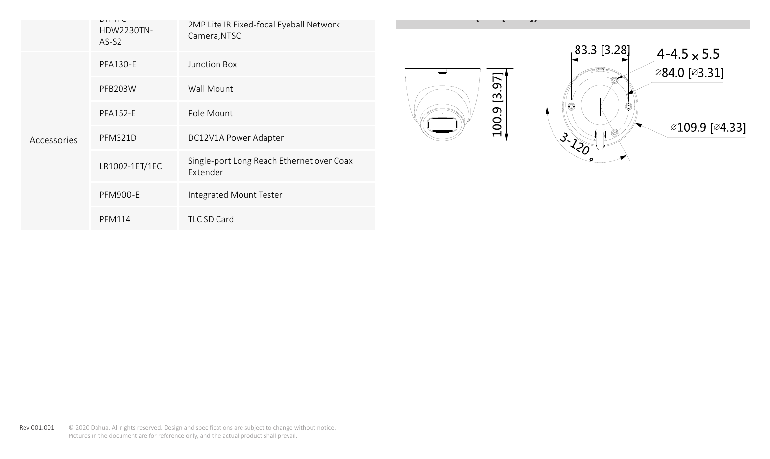 DH-IPC-HDW2230T-AS-S2 外形尺寸圖 100.9 mm × Φ109.9 mm (3.97" × Φ4.33")｜Unit: mm