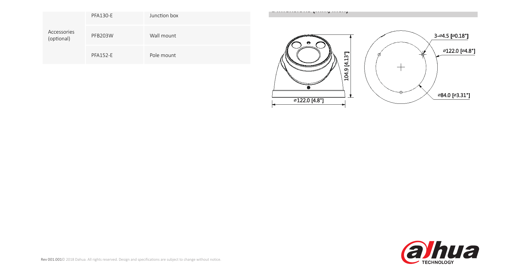 DH-IPC-HDW2231R-ZS 外形尺寸圖 Φ122mm x 102mm(4.8’’ x4.0’’) PFA130-E PFB203W + PFA152-E｜Unit: mm